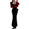 Vestido Falso Duas Peças com Color-Blocking Deslumbrante Estilo Socialite para Mulheres, Outono e Inverno, Slim Fit, Cintura Marcada, Bodycon, Longo, Atacado Transfronteiriço
