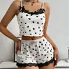 Conjunto de Duas Peças de Renda com Laço e Estampa de Coração para Mulheres, Estilo Novo Europeu e Americano, Camisola e Peça Ribbed para Casa, Pode Ser Usado ao Ar Livre