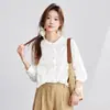 Camisa de estilo retro francês, corte relaxado, cor sólida, bordada em jacquard para mulheres, nova coleção de verão, top elegante e que afina