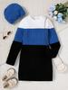 Vestido de punto largo de manga larga para niña, con bloques de color de otoño e invierno, elegante, sencillo y ajustado, con sombrero