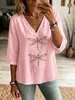 Amazon Transfronterizo Europeo y Americano Primavera y Verano Nueva Ropa de Mujer Cuello en V Color Sólido Estilo Básico Manga Tres Cuartos Casual Simple Versátil Camiseta
