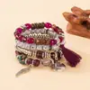 Pulsera con Colgante de Borla de Ala Redonda Estilo Bohemio Transfronterizo Europeo y Americano Pulsera de Cuerda Elástica Multicapa con Cuentas