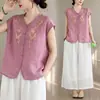 Nueva blusa de encaje bordado estilo chino de manga corta para mujer, nueva blusa vintage de algodón y lino para mujer, verano 2026