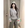 Deslumbrante blusa de tricô cinza com decote V, mangas morcego, acinturada para mulheres, nova peça básica de outono, justa e que afina a silhueta