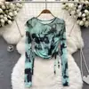 Camiseta de Manga Larga de Malla Fina con Estampado Tie-Dye, Cuello Redondo, Estilo Coreano, Nueva, Protección Solar, Top Corto con Cordón, Estilo Occidental