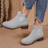 Nuevas botas Martin europeas y americanas transfronterizas de otoño e invierno para mujer con correas elásticas, hebillas de cinturón, puntera redonda, tacón cuadrado, botas de media pantorrilla para mujer