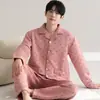 Pijama de Hombre Invierno Engrosado Manga Larga Pantalón Largo Capa de Algodón de Aire Cálido Conjunto de Ropa para el Hogar Simple Casual Ropa Exterior
