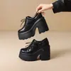 Couro Genuíno Estilo Britânico Retrô Salto Grosso 12cm Salto Super Alto Sapatos Pequenos de Couro para Mulheres, Plataforma Impermeável Elegantes Saltos Altos para Mulheres Baixas