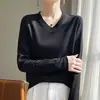 Novo modelo de outono de 2026, suéter de malha puro algodão com decote em V, manga longa, feminino, cor sólida, pulôver solto, blusa base