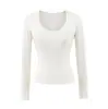 Suéter de Cuello en U Ajustado de Manga Larga para Mujer Otoño Nuevo Americano Sexy Delgado Hombro Derecho Top Adelgazante Camiseta Básica