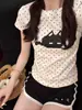 Camiseta Corta de Manga Corta con Lunares Linda de Moda para Mujer, Diseño de Verano, Corte Ajustado, Top con Estampado de Gato
