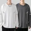 Camiseta de manga larga para hombre de color liso Sorona, versátil, corte holgado, cuello redondo, para primavera y otoño, top casual moderno