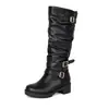 Botas Altas de Invierno 2026 Estilo Británico Vintage para Mujer Punta Redonda Correa con Hebilla Tallas Grandes 40-45 Botas de Cuero Botas Largas por Encima de la Rodilla