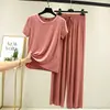 Nuevo conjunto de pijama de dos piezas para mujer de algodón modal de manga corta para primavera y verano, pantalones anchos casuales holgados, talla grande para casa