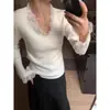 Blusa de tricô com decote V em renda estilo coreano para mulheres, para outono e inverno, design estiloso, caimento justo, com mangas sino