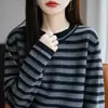 Estilo Novo Primavera 2026 Algodão Puro Estilo Preguiçoso Gola Redonda Tricô Manga Longa Color Block Listrado Solto Base Top para Mulheres