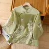 Camisa de Té Mejorada Bordada Estilo Chino para Mujer, Verano Delgada con Cuello Mao Abotonada de Algodón con Mangas de Tres Cuartos