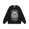 Camiseta de manga larga lavada con estampado de calavera de diablo de estilo americano para hombre y mujer, estilo hip hop retro de media manga.