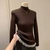 Camisa de punto con cuello medio alto y costuras de encaje de Maillard para mujer, suéter suave y encerado con interior apilado para otoño e invierno.