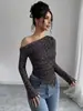 Top cruzado nuevo retro de leopardo, hombros descubiertos, manga larga, entallado a la cintura, adelgazante, hombros descubiertos, dobladillo irregular con volantes, camiseta corta