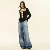 Jeans Lavado Vintage com Borda Tridimensional Feminino Outono Estilo Americano Perna Larga Cintura Baixa Reto Confortável Jeans Solto