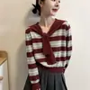 Suéter de punto con cordones y cuello a rayas azul marino popular este otoño para mujer, top holgado de manga larga, nuevo estilo primavera y otoño, prenda base