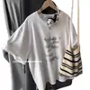 Camiseta Feminina Vintage Chinesa Tendência Estilo Boyfriend Manga Curta Algodão Puro, Verão Retrô Estampa de Letras Top Solto