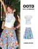 Conjunto de Saia Floral com Manga Curta para Mulheres 2026 Verão Roupas de Praia Conjunto Completo Ootd Estilo Coreano Saia Roupa Feminina