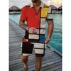 2023 Exportación Transfronteriza Moda Masculina Casual Traje Estampado 3D Cremallera Manga Corta Camisa Polo Pantalones Cortos Conjunto de 2 Piezas