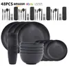 Conjunto de e-commerce de comércio exterior transfronteiriço, conjunto de louças pretas de palha de trigo, conjunto de louças pp de 44 peças, louças para estudantes