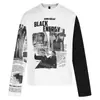 Camiseta Raglan Manga Longa Color Block Preto e Branco Retrato de Câmera Vintage no Costas Letras de Jornal Top da Moda High Street Roupas Masculinas