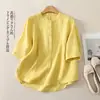 Camisa Artística de Algodón y Lino Vintage para Mujer Verano 2026, Cuello Alto, Manga Media, Diseño Calado, Color Sólido, Top Versátil