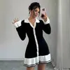 Vestido de Punto Elegante de Nuevo Estilo para Comercio Exterior, Delgado, con Cuello en V, Manga Larga y Volantes