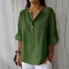 Top de Algodón y Lino de Manga Media Estilo Europeo de Moda de Hong Kong, Nuevo Top de Manga Corta Primavera/Verano con Diseño de Cuello en V, Tallas Grandes para Mujer