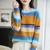 Suéter de tricô listrado para mulheres, curto, gola redonda, de caimento solto, top de tricô casual e estiloso, com uma vibe descontraída e um efeito emagrecedor