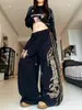 Pantalones deportivos negros estilo americano con estampado de leopardo y letras, pantalones de jazz para mujer, pantalones deportivos casuales holgados de pierna ancha curva