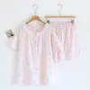 Novo Pijama de Algodão Fino para Primavera e Verão Feminino Doce de Verão Manga Curta Shorts Gaze de Algodão Roupa de Casa conjunto