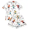 Cardigan Transfronterizo Europeo y Americano de Seda de Leche con Estampado de Colores Claros para Mujer, Conjunto Casual Transpirable de Manga Corta y Shorts para el Hogar