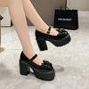 Zapatos Mary Jane de Tacón Grueso de Tacón Alto para Mujer 2025 Nuevos Otoño e Invierno Estilo Preppy Zapatos Negros Bailarinas Planas con Lazo para Mujer