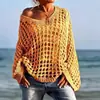 Top playero tipo europeo y americano para mujer, camisa de punto calado para protección solar, top de punto exquisito de malla para vacaciones en la playa