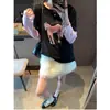 Mochie Primavera Cedo Novo Estilo Color-Blocking Falso Duas Peças Estampa de Pônei Gola Redonda Solta Manga Longa Camiseta Mq1125