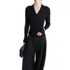 Suéter de Tricô Gola V Estilo Coreano para Mulheres, Roupa de Primavera, Manga Longa, Suéter Cinza de Alta Qualidade, Top de Corte Ajustado, Estilo Minimalista para Outono e Inverno