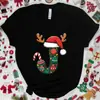 Camiseta Navideña para Mujer con Gráfico de Letra A-Z, Estampado de Letra de Papá Noel, Top Casual para Fiesta Navideña
