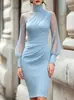Amazon 2026 Otoño Nuevo Transfronterizo Europeo y Americano Vestido Bodycon de Manga Larga Ajustado de Color Sólido con Cuello Alto para Mujer