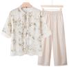 Moda Verão 2024 Nova Roupa para Mulheres de Meia-Idade e Idosas Estilo Nacional Camisa Pequena Avó Conjunto de Duas Peças da Moda
