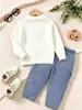 Conjunto de polo para niño de primavera y otoño con patrón de rombos acanalados, top de cuello camisero estilo coreano y jeans de pierna recta, conjunto de dos piezas