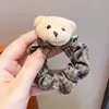 Elástico de cabelo de pelúcia de urso de desenho animado para menina, elástico de tecido xadrez vintage, doce acessório de cabelo para meninas