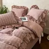 Conjunto de cama de quatro peças em linho de algodão pesado com estampa floral retrô de grau A para outono e inverno, algodão puro com acabamento em renda, estilo lençol de elástico 1,8m, 1,5
