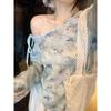 Blusa de Canalé con Estampado de Bambú, Hombros Descubiertos, Nuevo Estilo Primavera/Verano, Hombros Descubiertos de Mariposa, Moderna, Rejuvenecedora, Delgada, de Nicho, Única Blusa Protectora del Sol para Mujer