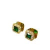 Pendientes de Lujo Accesible de Gama Alta con Forma Cuadrada de Diamante y Esmeralda, Latón Chapado en Oro, Estilo Retro Simple de Nicho Japonés y Coreano